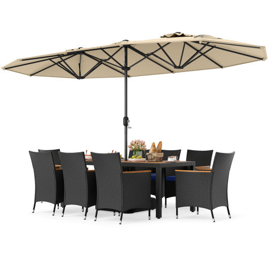 10 Piece Outdoor Patio Dining Set with 15 Feet Double-Sided Twin Umbrella-Beige