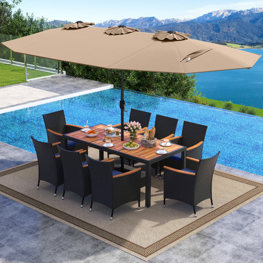 10 Piece Outdoor Patio Dining Set with 15 Feet Double-Sided Twin Umbrella-Brown