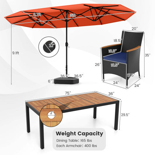 10 Piece Outdoor Patio Dining Set with 15 Feet Double-Sided Twin Umbrella-Orange