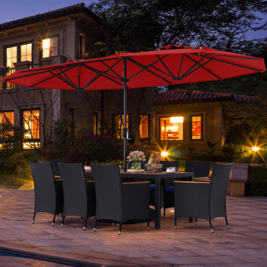 10 Piece Outdoor Patio Dining Set with 15 Feet Double-Sided Twin Umbrella-Red