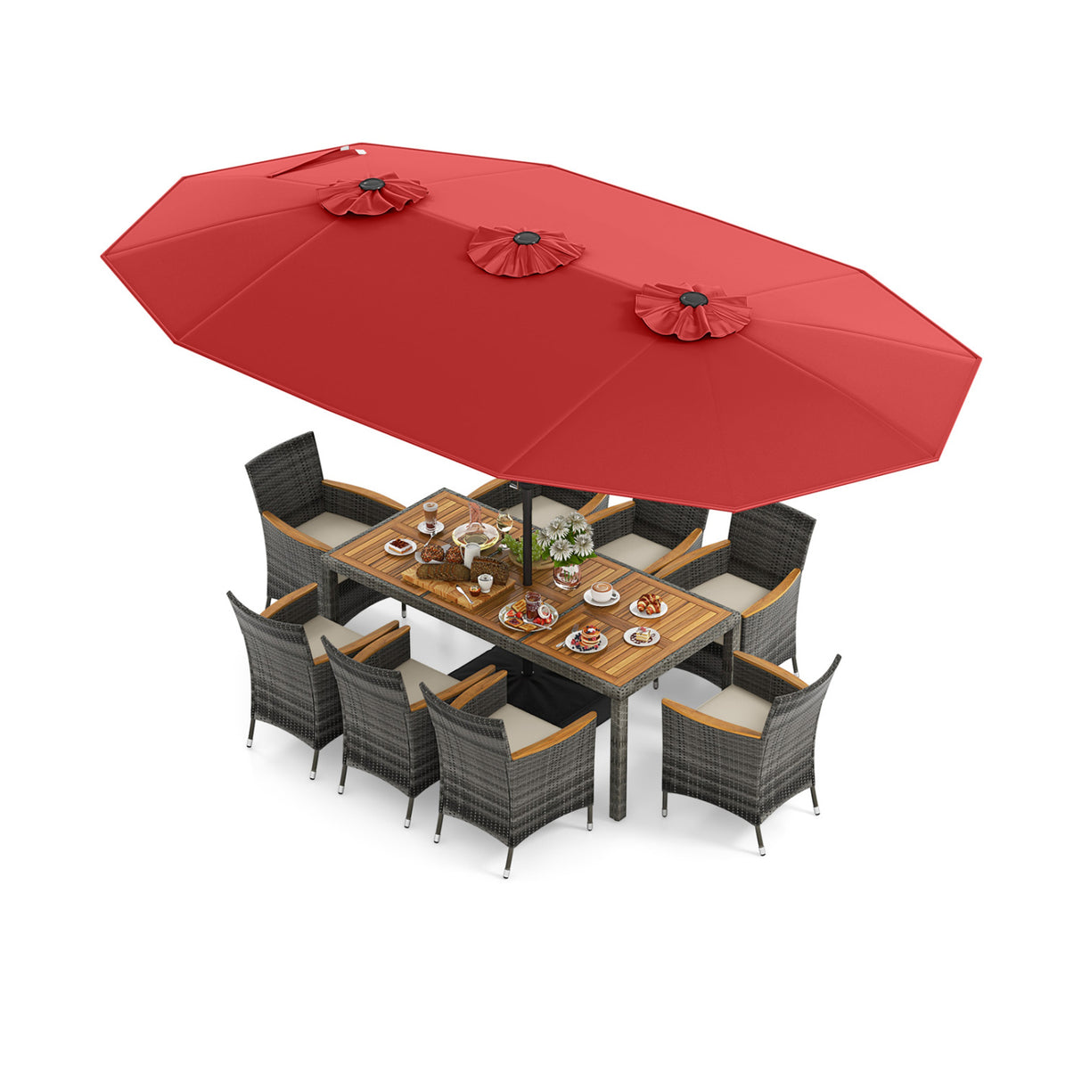 10 Pieces Patio Wicker Dining Set with 15 Feet Double-Sided Patio Umbrella-Red