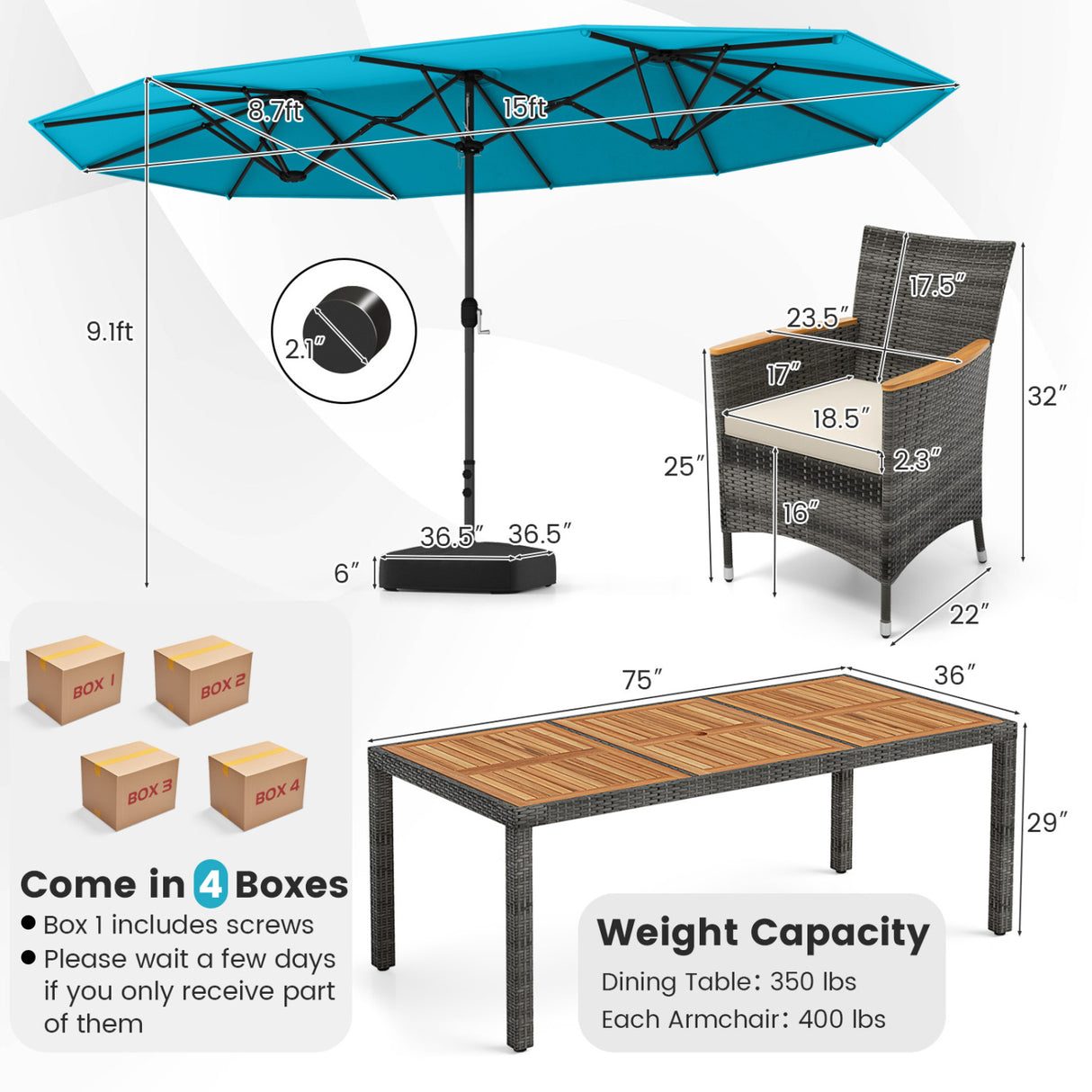 10 Pieces Patio Wicker Dining Set with 15 Feet Double-Sided Patio Umbrella-Turquoise