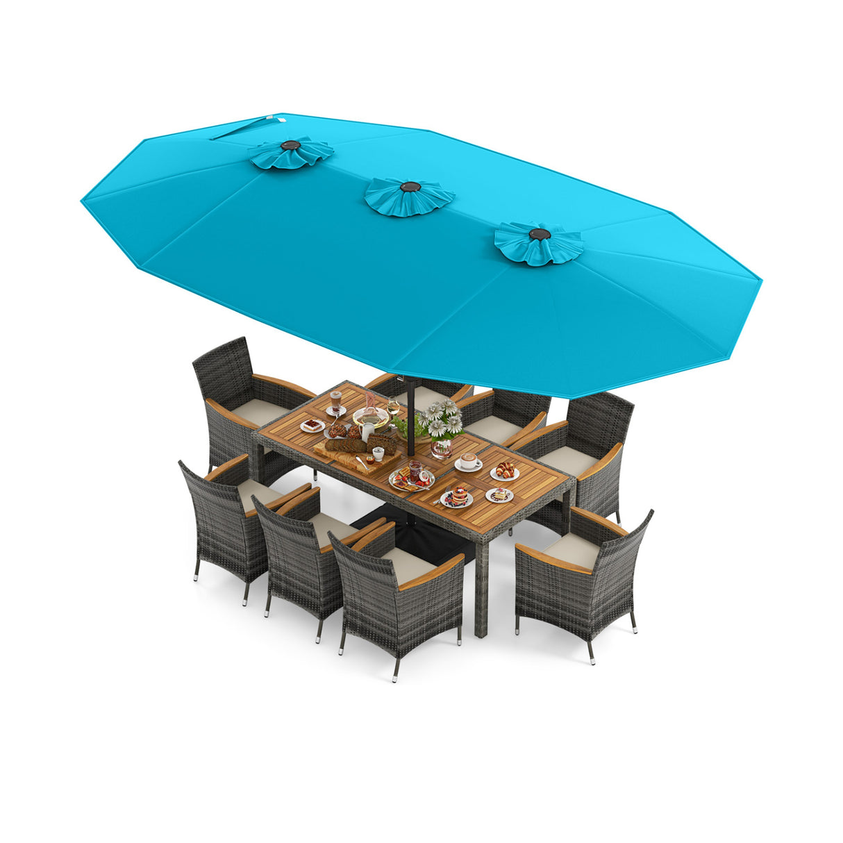 10 Pieces Patio Wicker Dining Set with 15 Feet Double-Sided Patio Umbrella-Turquoise