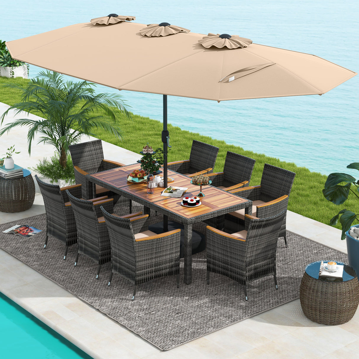 10 Pieces Patio Wicker Dining Set with 15 Feet Double-Sided Patio Umbrella-Brown