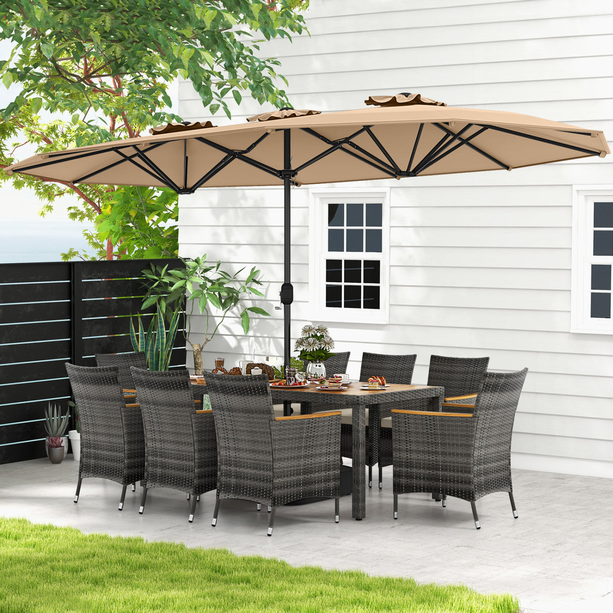 10 Pieces Patio Wicker Dining Set with 15 Feet Double-Sided Patio Umbrella-Brown