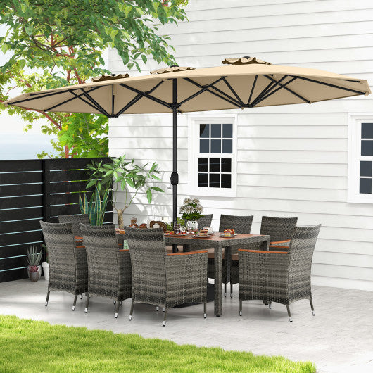10 Pieces Patio Wicker Dining Set with 15 Feet Double-Sided Patio Umbrella-Beige
