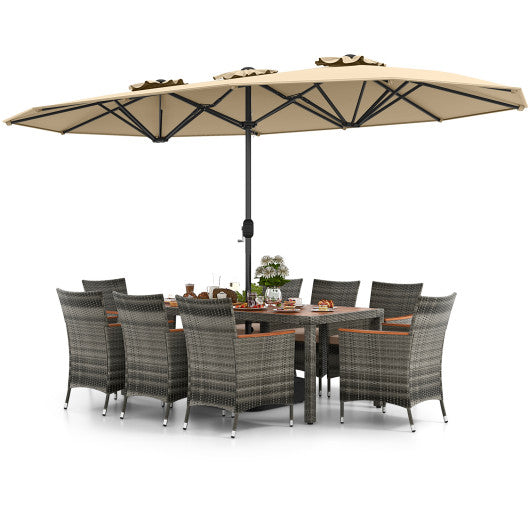 10 Pieces Patio Wicker Dining Set with 15 Feet Double-Sided Patio Umbrella-Beige