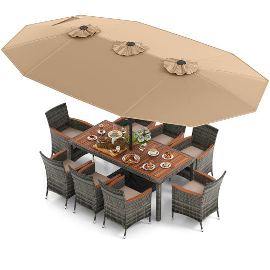 10 Pieces Patio Wicker Dining Set with 15 Feet Double-Sided Patio Umbrella-Brown