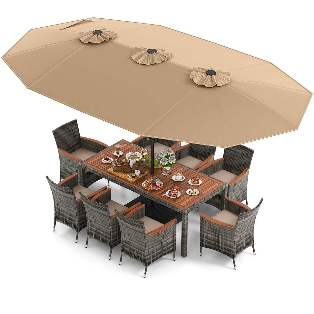 10 Pieces Patio Wicker Dining Set with 15 Feet Double-Sided Patio Umbrella-Brown by DirectDeals