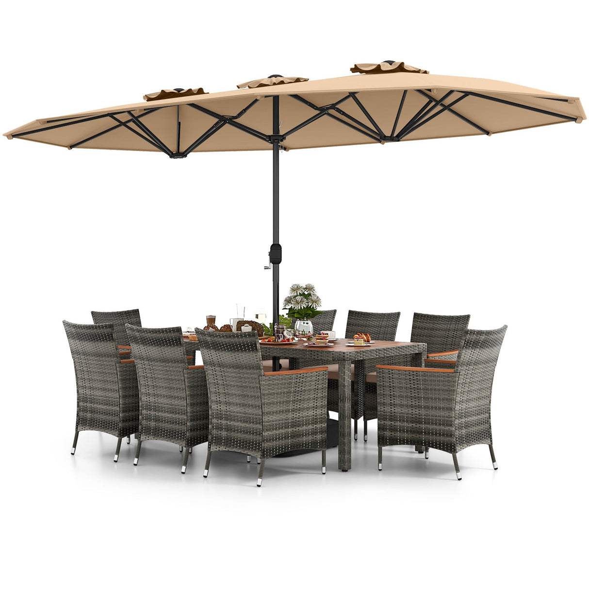 10 Pieces Patio Wicker Dining Set with 15 Feet Double-Sided Patio Umbrella-Brown by DirectDeals