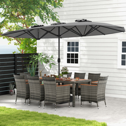 10 Pieces Patio Wicker Dining Set with 15 Feet Double-Sided Patio Umbrella-Gray