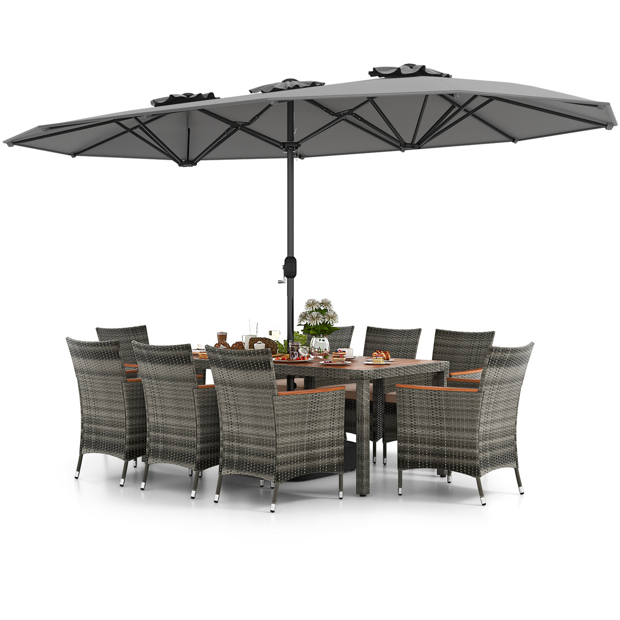 10 Pieces Patio Wicker Dining Set with 15 Feet Double-Sided Patio Umbrella-Gray