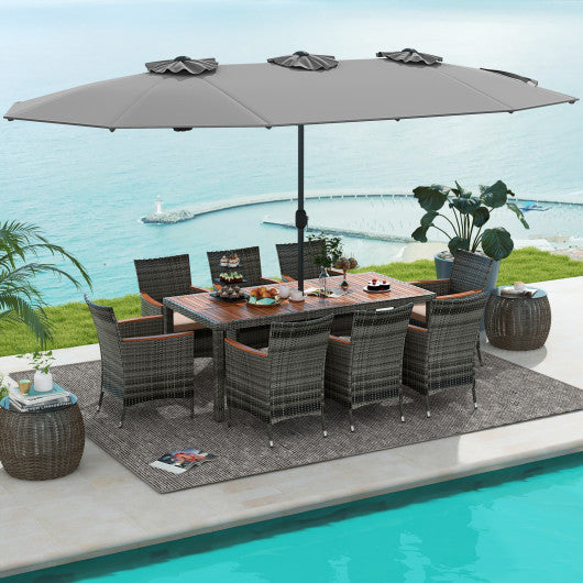 10 Pieces Patio Wicker Dining Set with 15 Feet Double-Sided Patio Umbrella-Gray