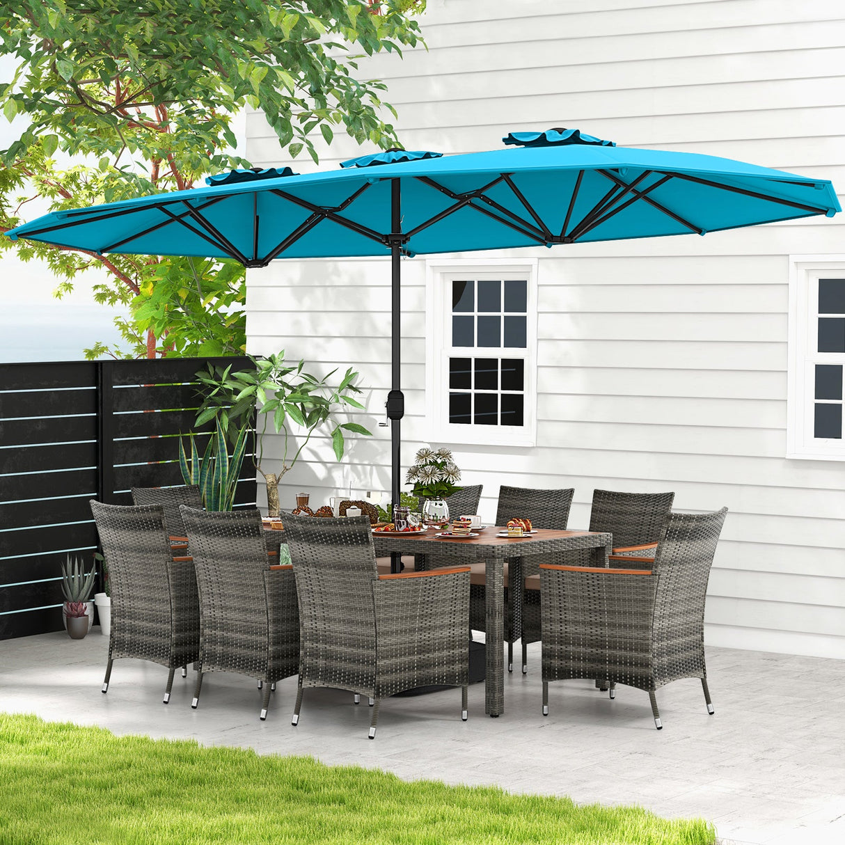 10 Pieces Patio Wicker Dining Set with 15 Feet Double-Sided Patio Umbrella-Turquoise by DirectDeals