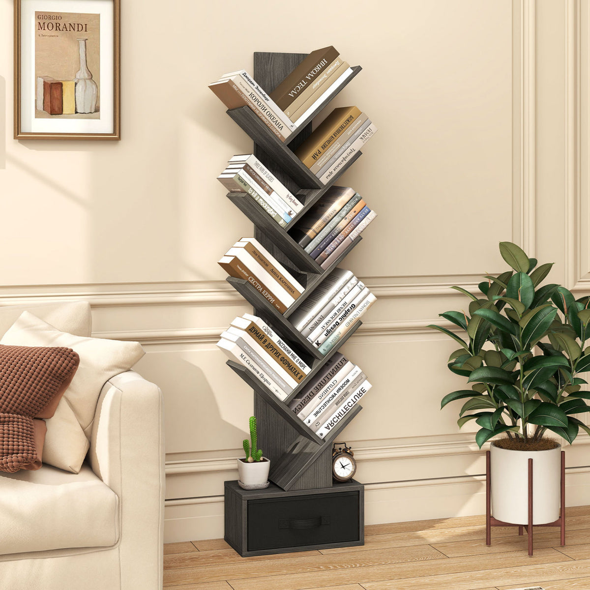 10-Tier Bookshelf with Drawer Free-standing Storage Bookcase-Gray & Black