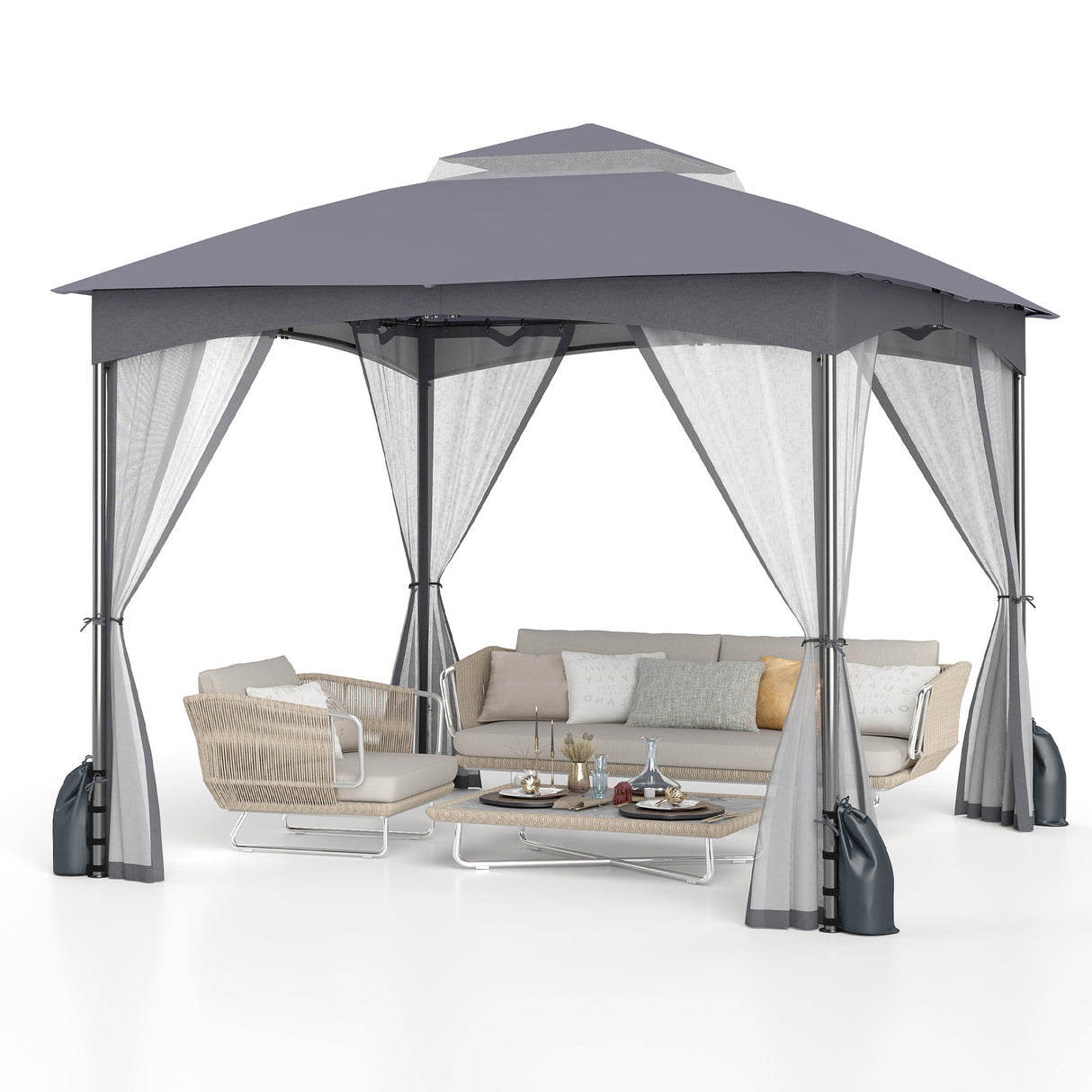 10 X 10 FT Heavy-Duty Patio Gazebo with Netting Walls and 4 Sandbags-Gray