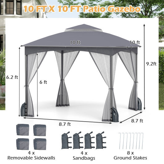 10 X 10 FT Heavy-Duty Patio Gazebo with Netting Walls and 4 Sandbags-Gray