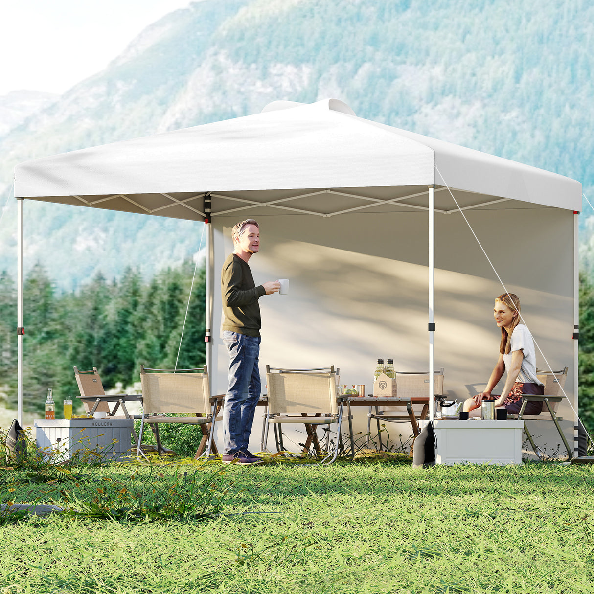 10 X 10 FT Pop up Canopy Tent with 1 Sidewall and Wheeled Bag-White