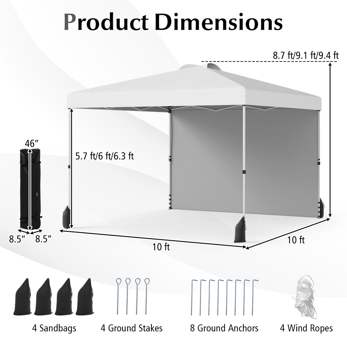 10 X 10 FT Pop up Canopy Tent with 1 Sidewall and Wheeled Bag-White