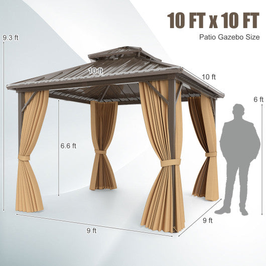 10 X 10 Feet Hardtop Gazebo with Netting and Curtain for Patio Backyard-Coffee