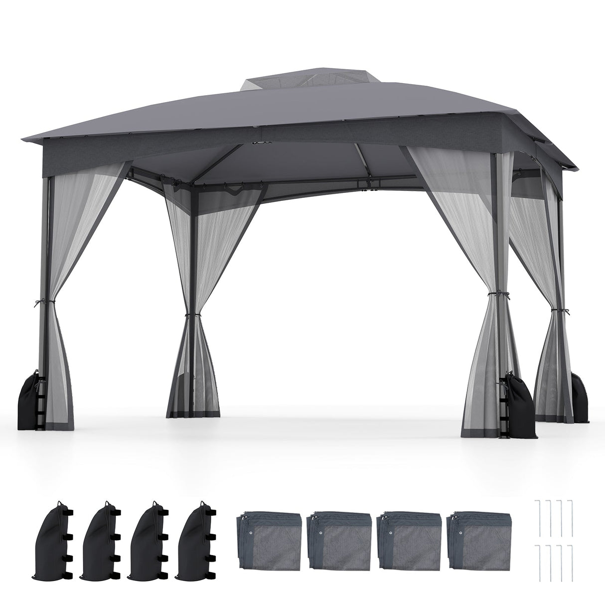10 X 12 FT Patio Gazebo with Netting Walls with 4 Sandbags-Gray by DirectDeals