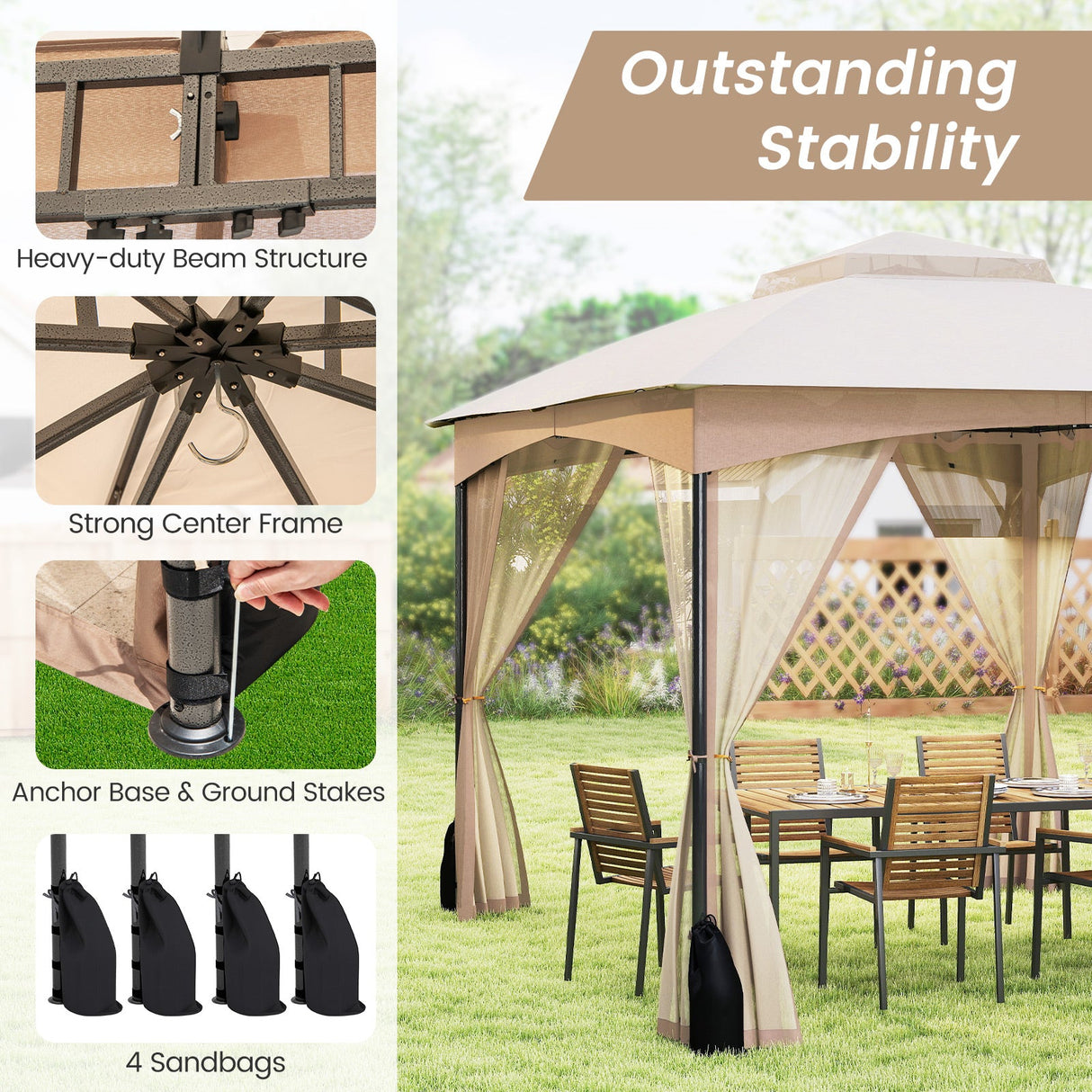 10 X 12 FT Patio Gazebo with Netting Walls with 4 Sandbags-Khaki by DirectDeals