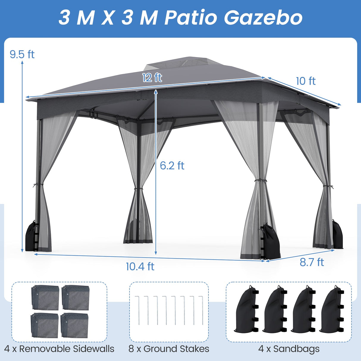 10 X 12 FT Patio Gazebo with Netting Walls with 4 Sandbags-Gray by DirectDeals
