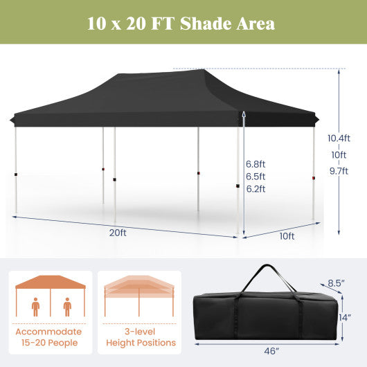 10 X 20 FT Pop up Canopy Tent Foldable Portable Outdoor Gazebo with Carry Bag-Black