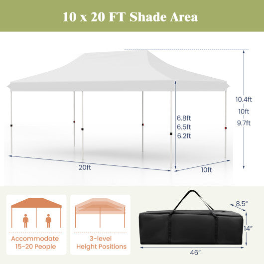 10 X 20 FT Pop up Canopy Tent Foldable Portable Outdoor Gazebo with Carry Bag-White