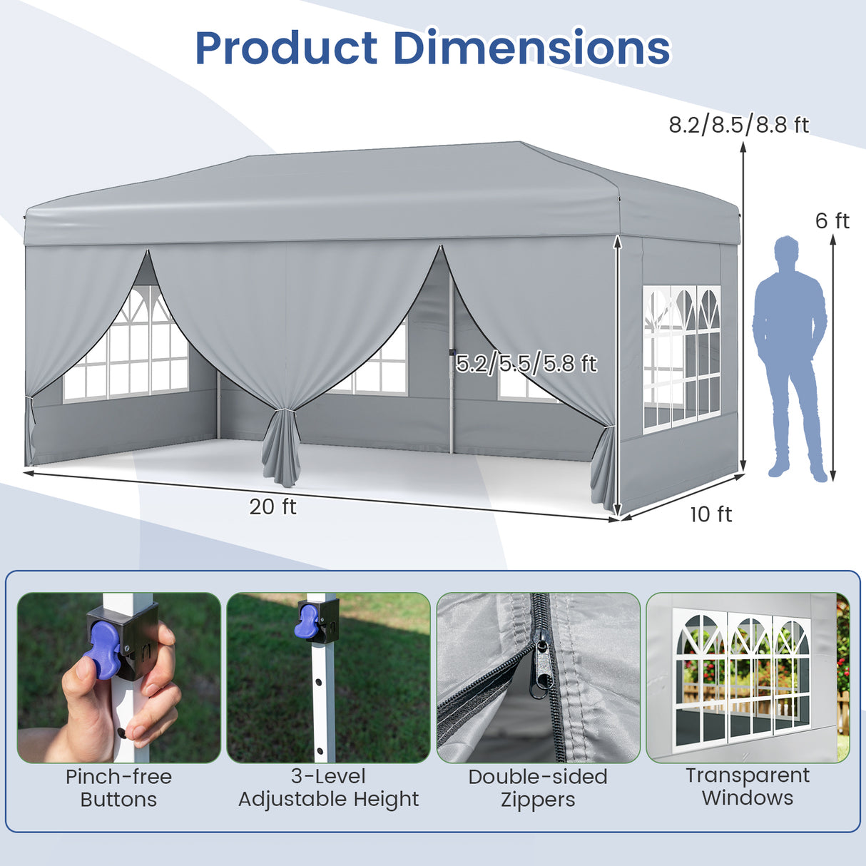 10 X 20 Feet Pop up Canopy Tent Instant Setup with 6 Sidewalls-Gray