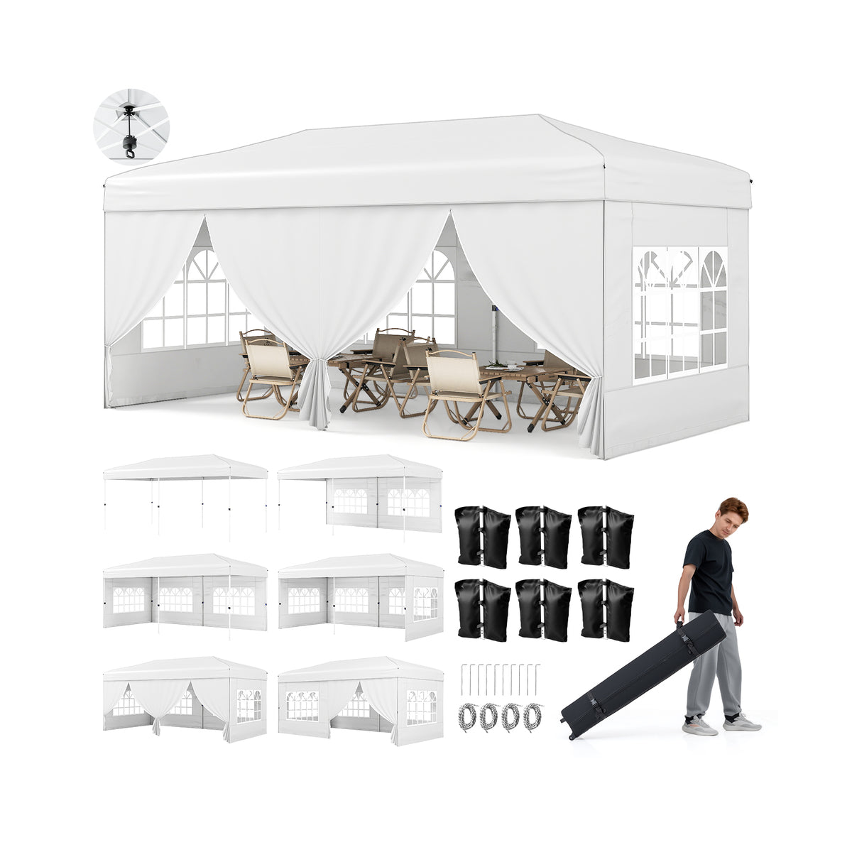 10 X 20 Feet Pop up Canopy Tent Instant Setup with 6 Sidewalls-White