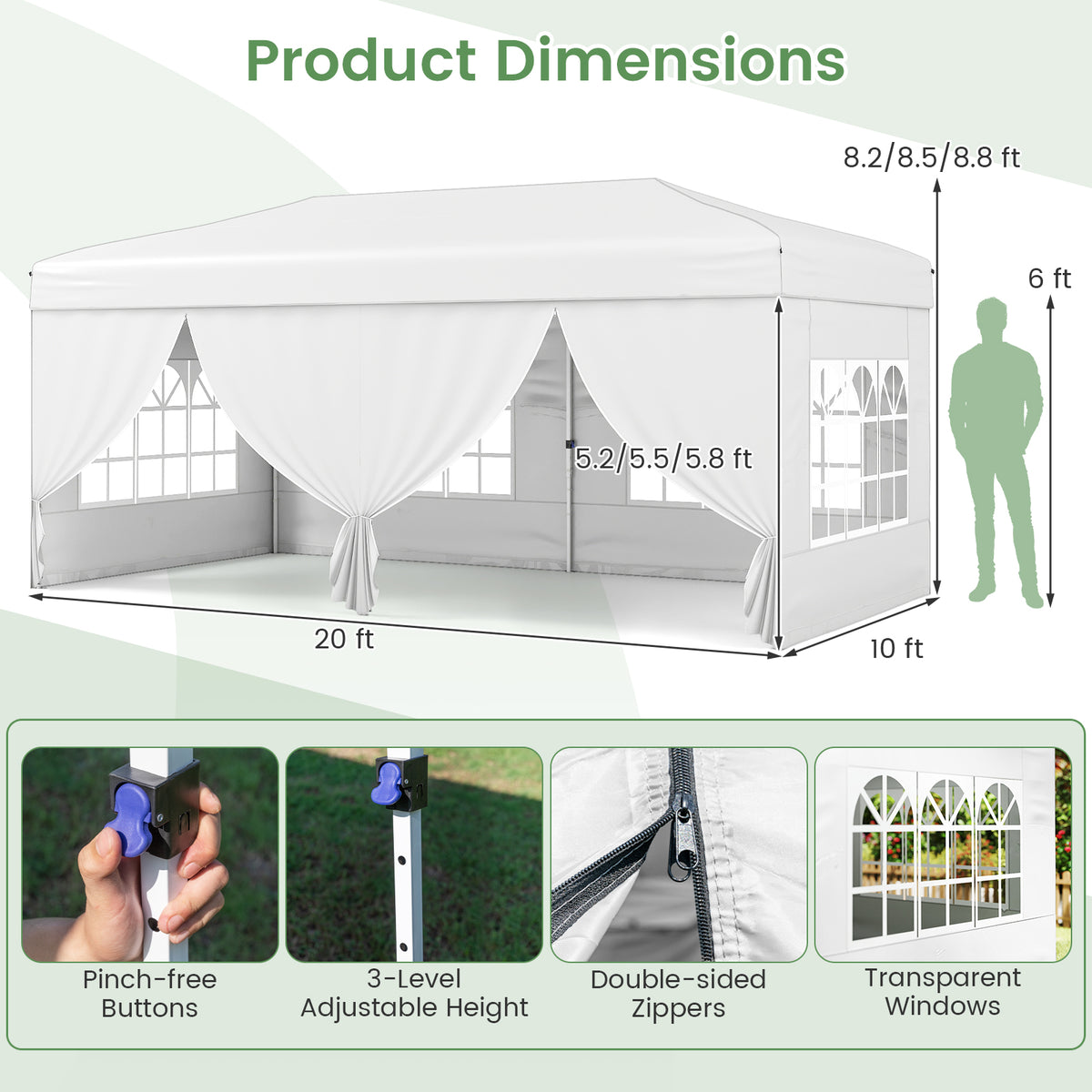 10 X 20 Feet Pop up Canopy Tent Instant Setup with 6 Sidewalls-White