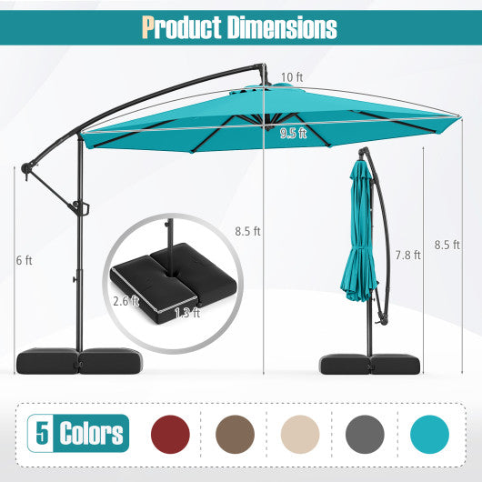 10 Feet Offset Hanging Umbrella with Base Patio Cantilever Umbrella with Tilt-Turquoise