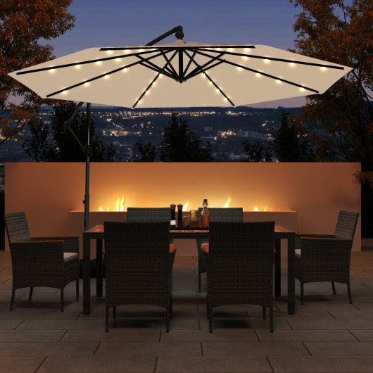10 Feet Solar Offset Hanging Umbrella with Base and 32 LED Lights-Beige
