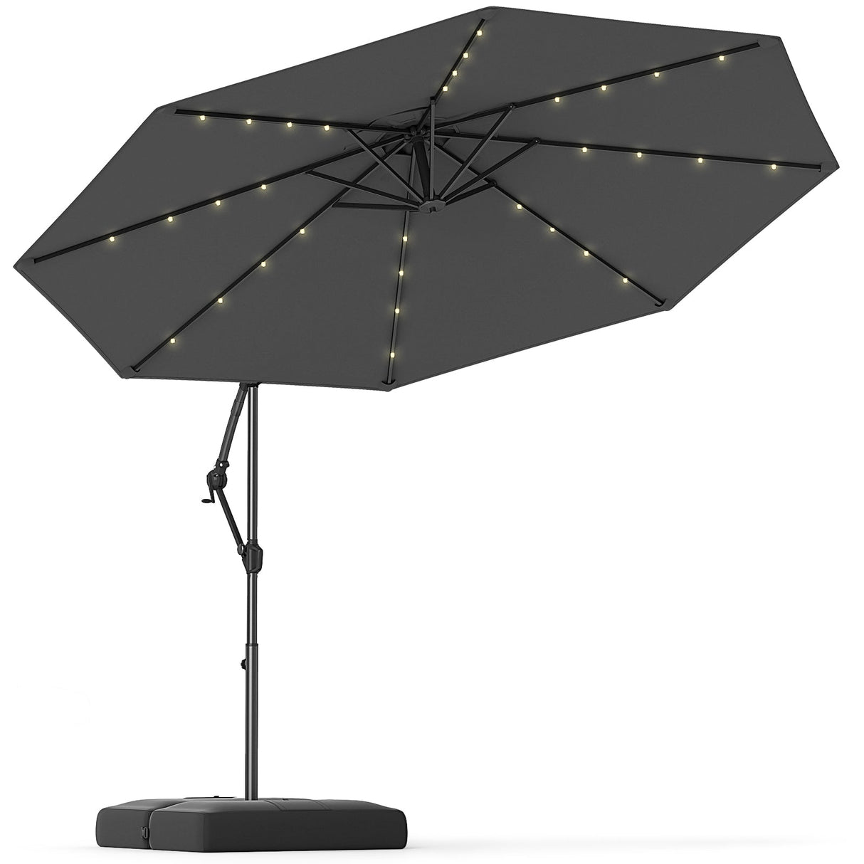 10 Feet Solar Offset Hanging Umbrella with Base and 32 LED Lights-Gray by DirectDeals