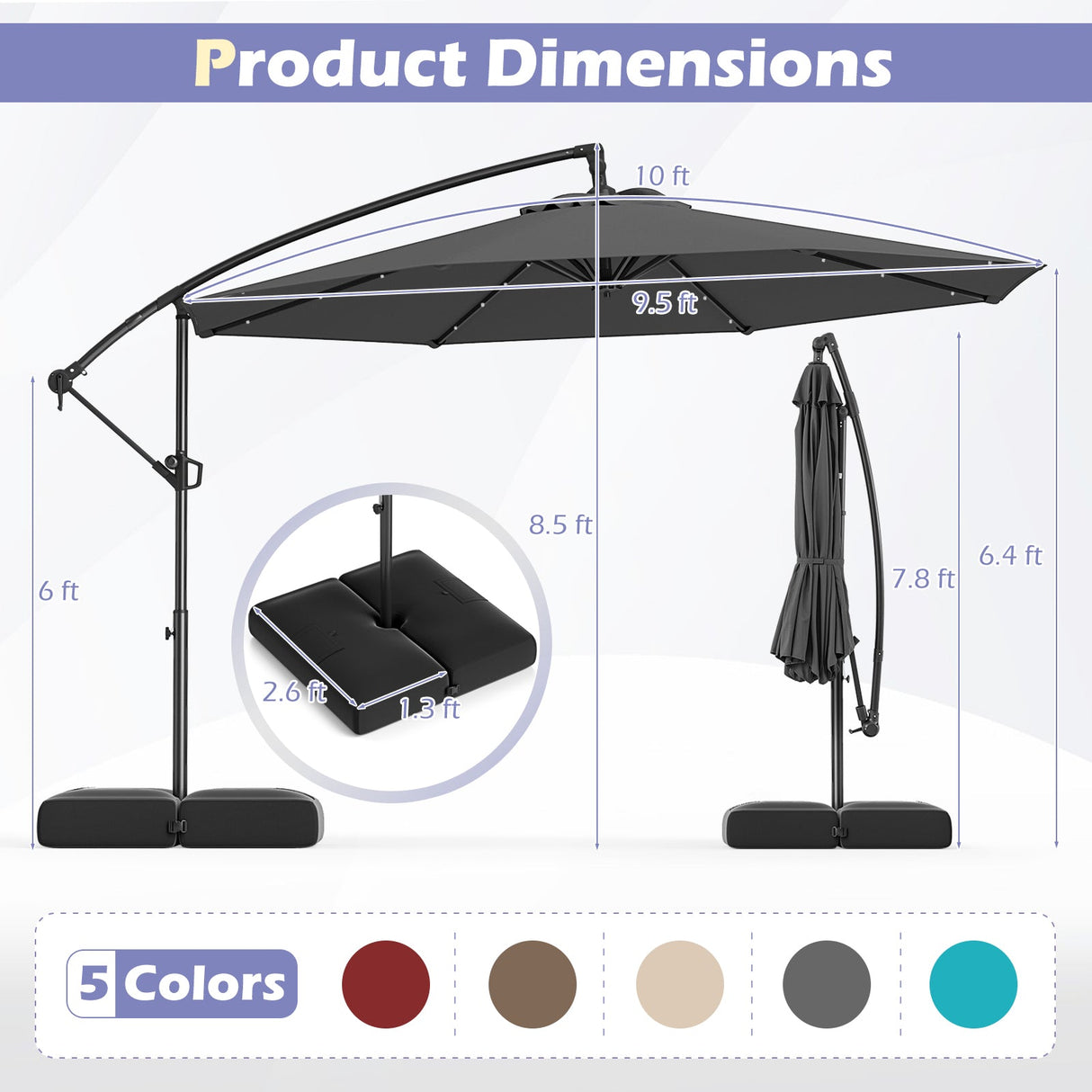 10 Feet Solar Offset Hanging Umbrella with Base and 32 LED Lights-Gray by DirectDeals