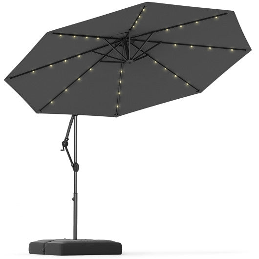10 Feet Solar Offset Hanging Umbrella with Base and 32 LED Lights-Gray