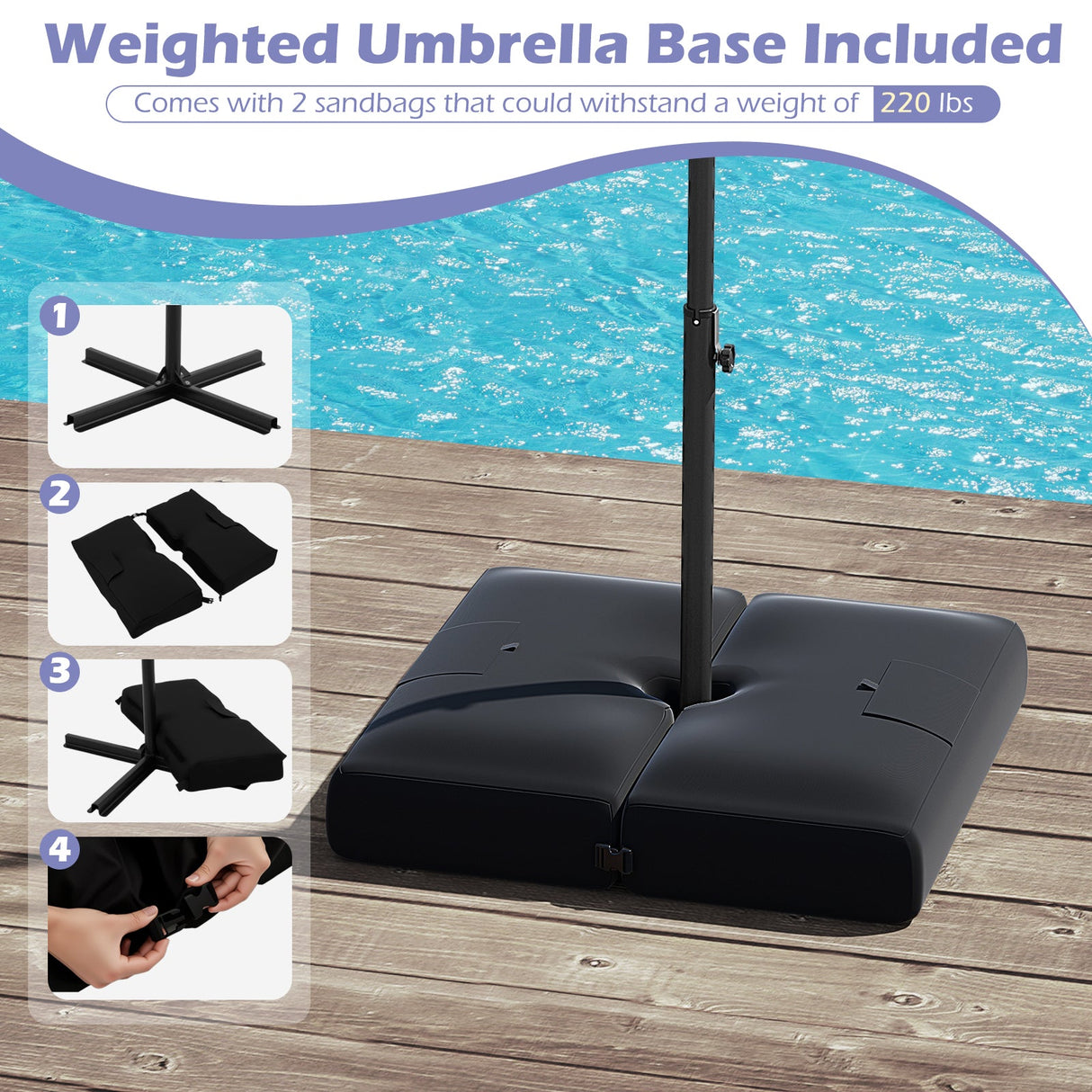 10 Feet Solar Offset Hanging Umbrella with Base and 32 LED Lights-Gray by DirectDeals
