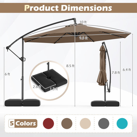 10 Feet Solar Offset Hanging Umbrella with Base and 32 LED Lights-Taupe