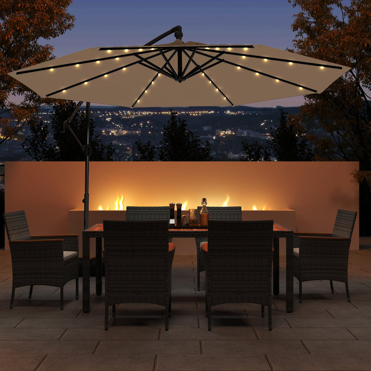 10 Feet Solar Offset Hanging Umbrella with Base and 32 LED Lights-Taupe by DirectDeals