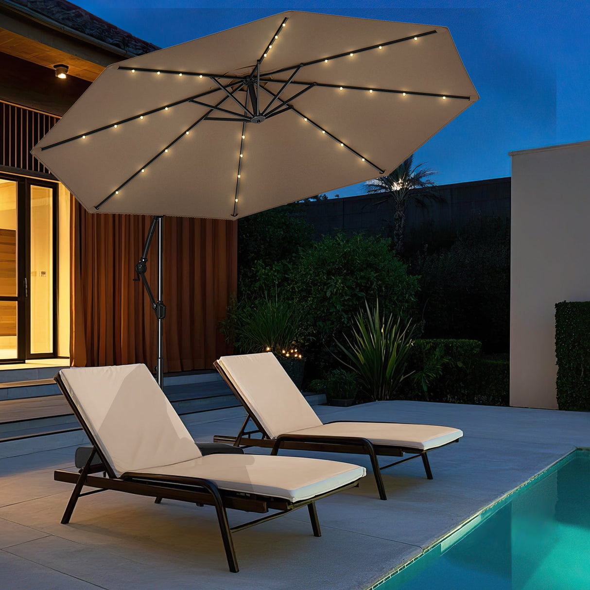 10 Feet Solar Offset Hanging Umbrella with Base and 32 LED Lights-Taupe by DirectDeals