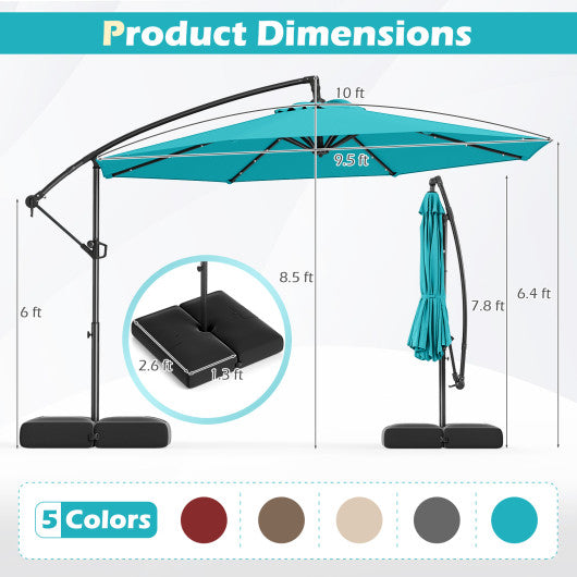 10 Feet Solar Offset Hanging Umbrella with Base and 32 LED Lights-Turquoise
