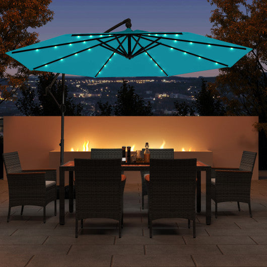 10 Feet Solar Offset Hanging Umbrella with Base and 32 LED Lights-Turquoise