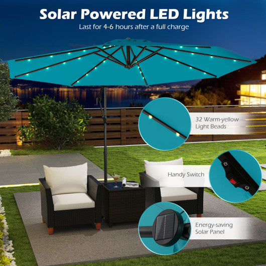 10 Feet Solar Offset Hanging Umbrella with Base and 32 LED Lights-Taupe