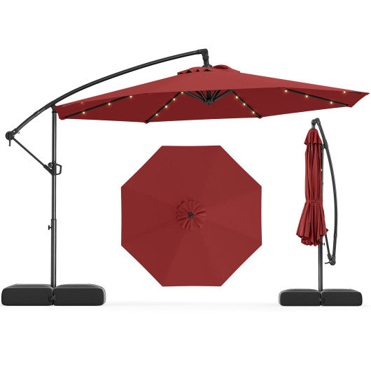 10 Feet Solar Offset Hanging Umbrella with Base and 32 LED Lights-Wine