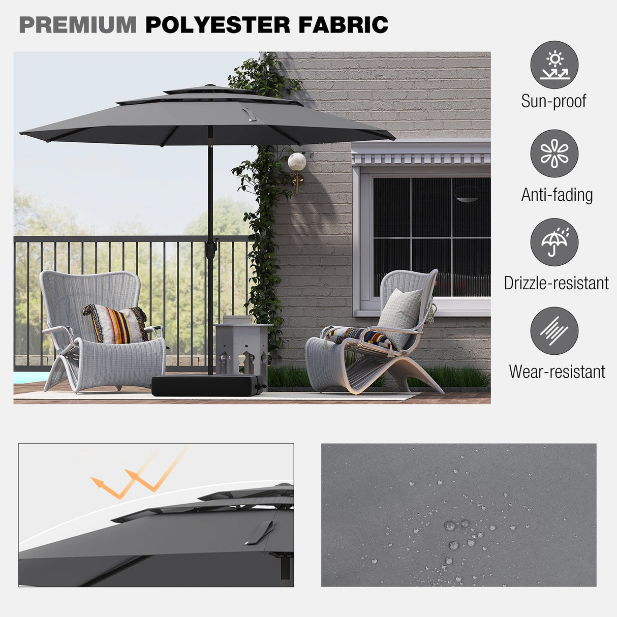 10 ft 3-tier Vented Patio Umbrella with Push Button Tilt-Gray by DirectDeals