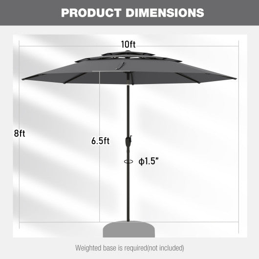 10 ft 3-tier Vented Patio Umbrella with Push Button Tilt-Gray