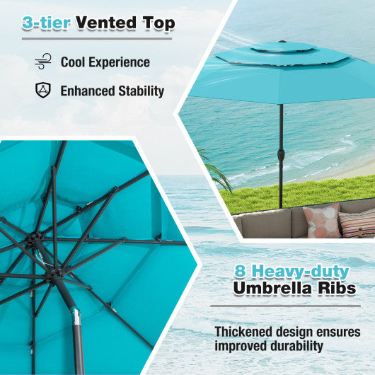 10 ft 3-tier Vented Patio Umbrella with Push Button Tilt-Brown