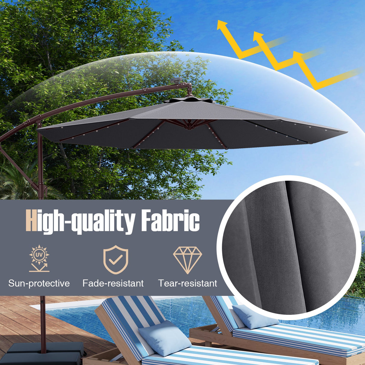 10 Ft Patio Umbrella Offset Cantilever Umbrella with 40 Solar Powered Lights-Gray by DirectDeals