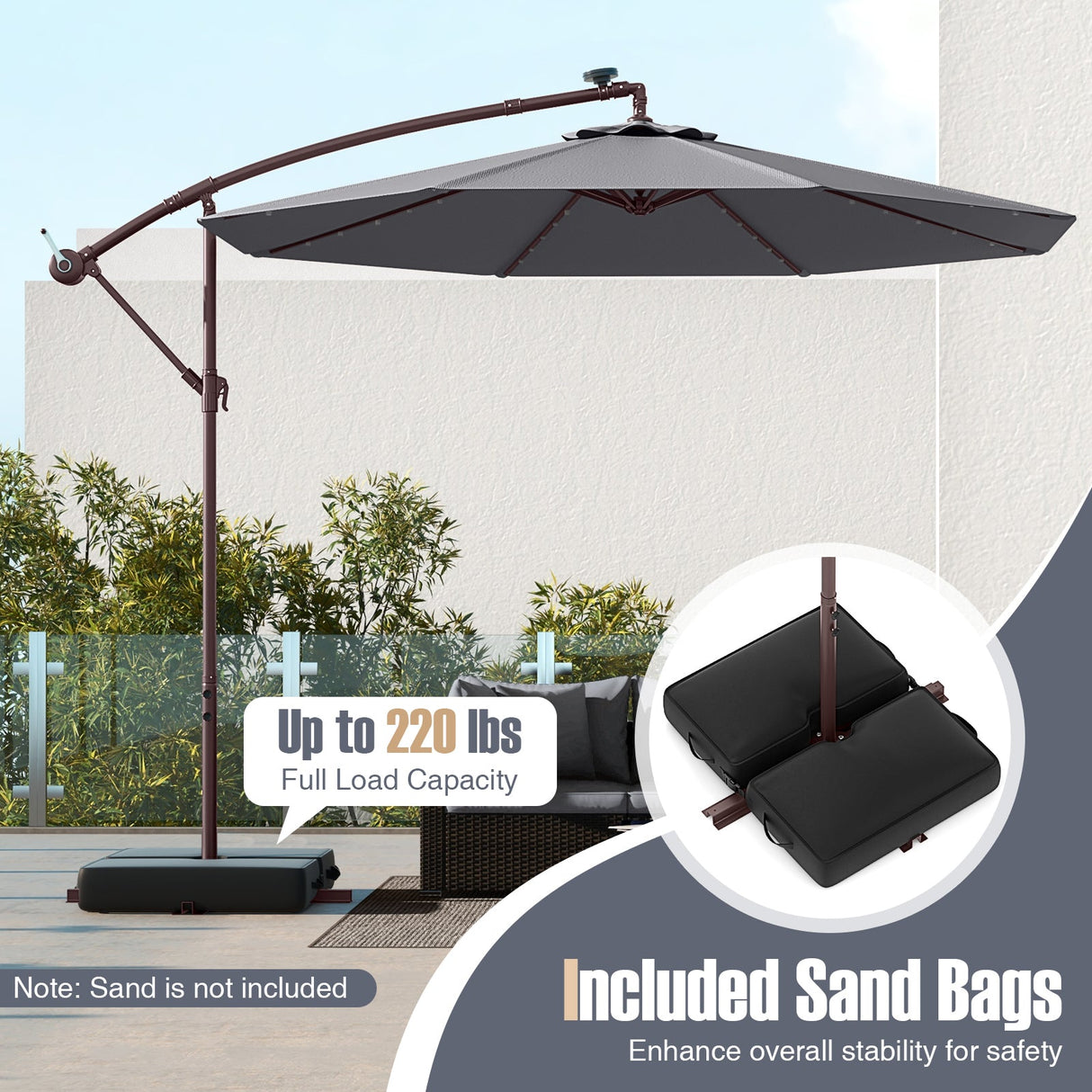 10 Ft Patio Umbrella Offset Cantilever Umbrella with 40 Solar Powered Lights-Gray by DirectDeals